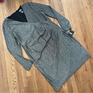 DKNY Metallic Silver/Black Knit Dress Faux Wrap Size 16
